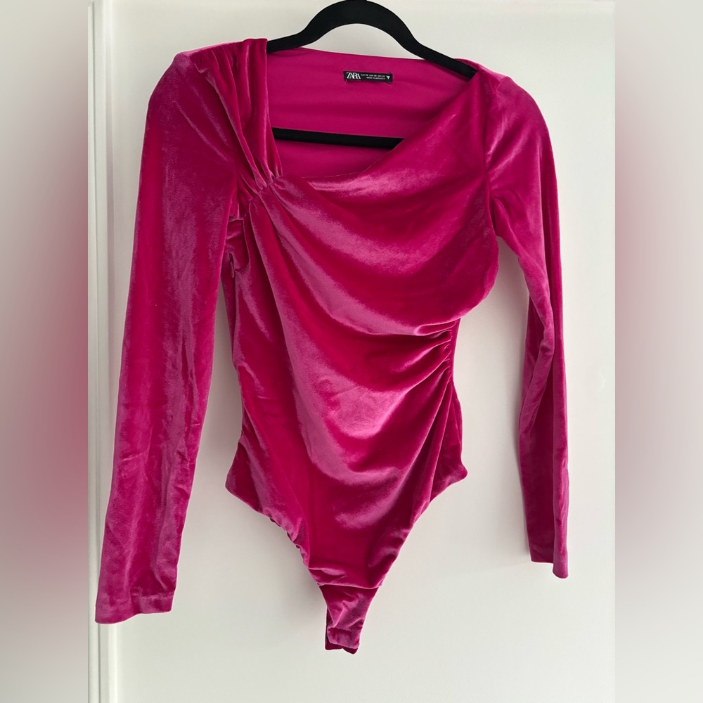 Zara Fuchsia Velvet Draped Long-Sleeve Bodysuit - Picture 2 of 7